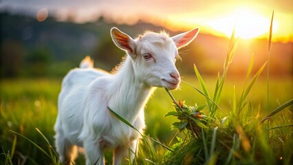 Obraz premium Young White Domestic Goat Kid Grazing in Lush Tall Grass Farmland, Capturing the Essence of Rural Livestock Life and Natural Feeding Habits