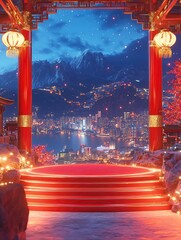 The background is red and gold, with a city night view in the distance, a red circular platform with gold decorations on top, and a blue sky above, with generative ai