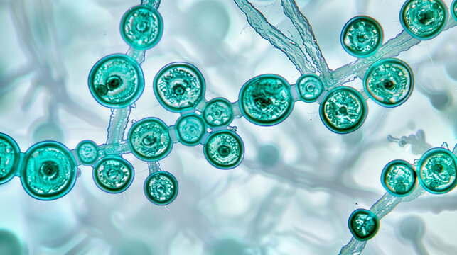 Close-up of microscope slide revealing intricate fungal spores, essential for research on fungal diseases and microbiology studies.