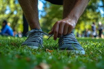 Closeup of a person tying their shoelace on grass.