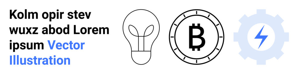 Light bulb for ideas, Bitcoin symbol for cryptocurrency, gear with lightning bolt for technology. Ideal for innovation, finance, energy, digital transformation, blockchain, technology. Landing page