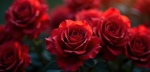 A close-up of vibrant red roses, symbolizing love and beauty, perfect for use in floral arrangements, marketing materials, or romantic themes.