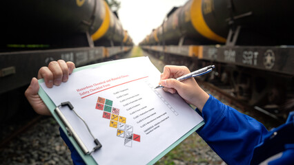 A worker is checking on chemical hazardous material checklist form with background of train tanker...