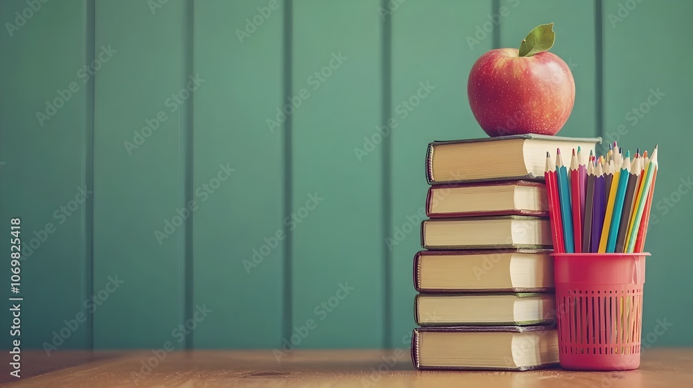 Poster neatly stacked pile of books with a crisp red apple on top accompanied by a container of colorful sc