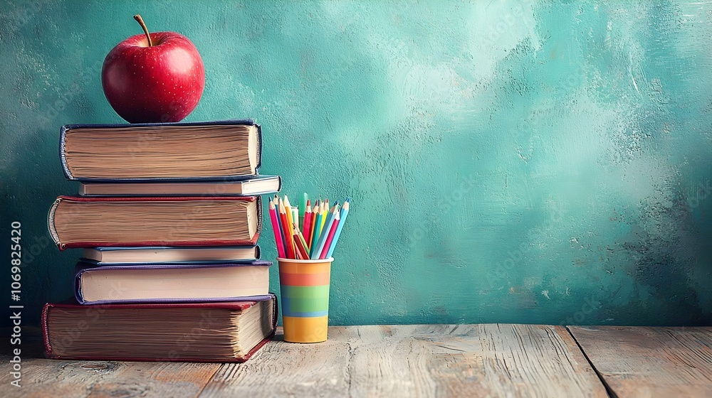 Poster neatly stacked pile of books with an apple on top accompanied by a container of colorful school supp