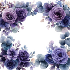 Watercolor floral border - frame. Violet flowers and eucalyptus greenery illustration isolated on transparent background. Purple roses, lilac peony for wedding stationary