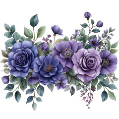 Watercolor floral border - frame. Violet flowers and eucalyptus greenery illustration isolated on transparent background. Purple roses, lilac peony for wedding stationary