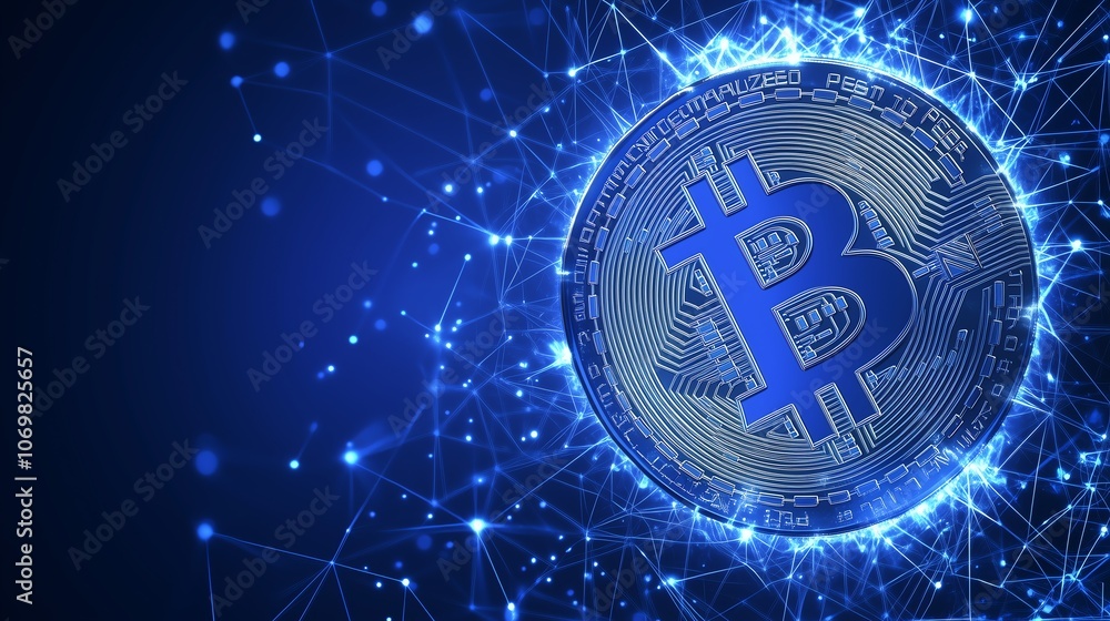 Poster bitcoin on digital data network connections technology abstract background
