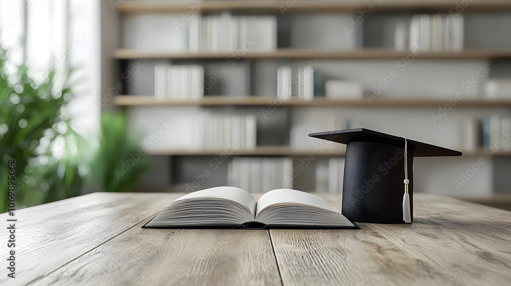 Poster of a graduation cap and an open book positioned on a desk with a modern office background symbolizin