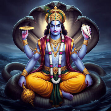 Majestic portrayal of Lord Vishnu seated on Sheshnag amidst cosmic waters, representing his role as the protector and preserver of the universe