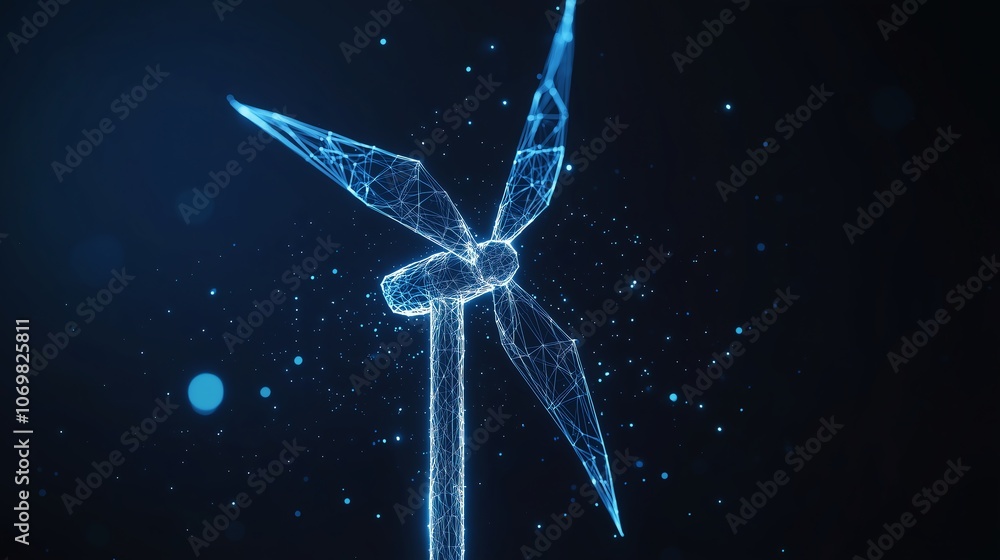 Poster wind turbine icon in abstract low poly wireframe style with dark blue background and glowing particl