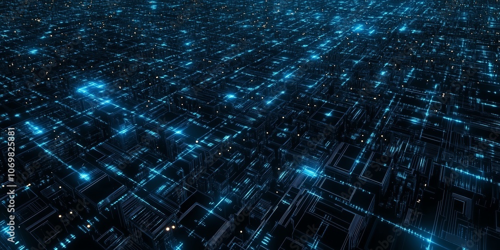 Poster aerial view of a digital grid illuminated by glowing blue circuits, capturing a vast tech landscape 