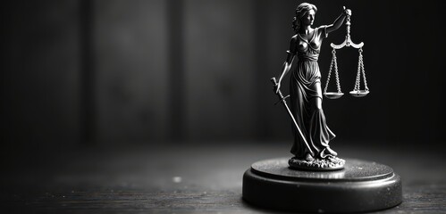 A striking black and white image of Lady Justice holding scales, symbolizing law, fairness, and justice. Ideal for legal and professional themes.