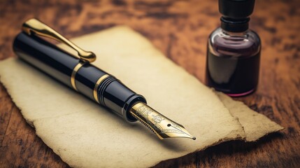 Naklejka premium Classic Fountain Pen and Ink Bottle on Vintage Desk With Old Parchment Paper