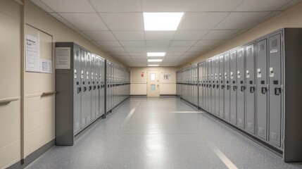 Obraz premium Gray metal lockers stretch along a well-lit school corridor, creating an organized atmosphere for students between classes