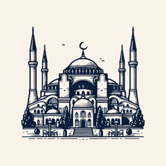 Hagia Sophia vector logo illustration. aya sophia mosque. Istanbul Landmark Illustration, line art vintage style tourism logo