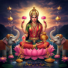 Beautiful depiction of Goddess Lakshmi seated on a lotus flower with elephants, symbolizing wealth, prosperity, and divine blessings