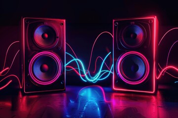 Two sound speakers in neon light with sound wave between them on black.