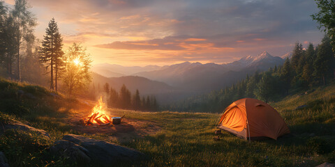 Campfire camp in the morning/evening glow, with delicious food in the cookware on the campfire. Outdoor supplies, travel, hiking, business poster, background, wallpaper, camping, picnic, campfire