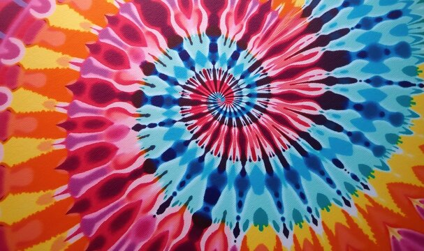 Vibrant tie-dye pattern creating a mesmerizing spiral effect, perfect for textiles, merchandise, and creative projects that seek a colorful, bohemian flair.