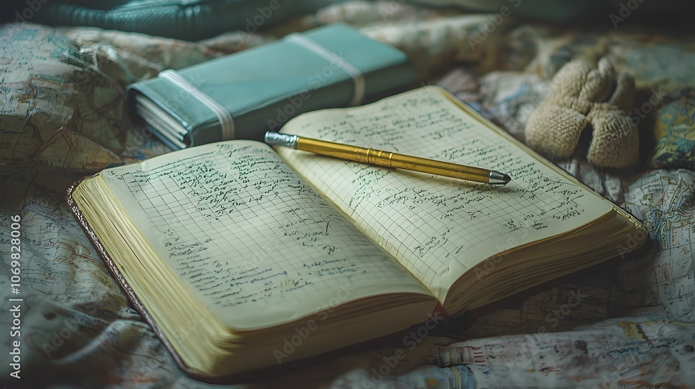 Poster open notebook with pen and pencil resting on top surrounded by various stationery items like paper c