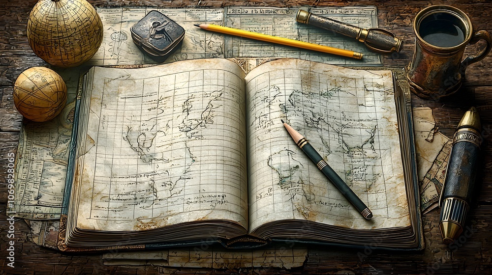 Poster open notebook with pen and pencil resting on top surrounded by various stationery items such as pape