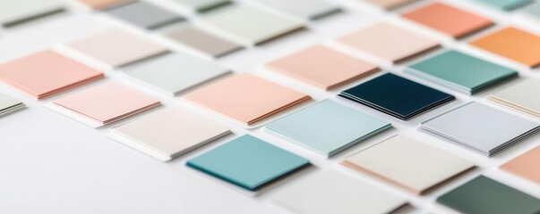 Close-up of a variety of paint color samples spread on a whiteboard, natural shadows, photorealistic office environment
