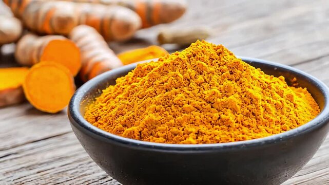 Close-up shot of turmeric powder in a black bowl with turmeric roots in the background.