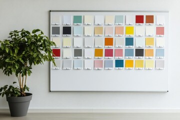 Paint samples pinned to a whiteboard in a conference room, high-resolution, clean lighting, interior design planning