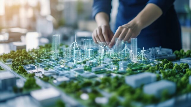 Engineer plans sustainable city project urban design carbon neutral buildings renewable energy climate resilience