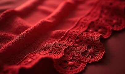 A close-up view of intricate red lace, showcasing its detailed patterns and textures, perfect for fashion, textile design, and crafting projects.