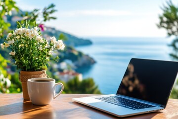 Freelancers enjoy scenic workcation in coastal town with laptop and coffee