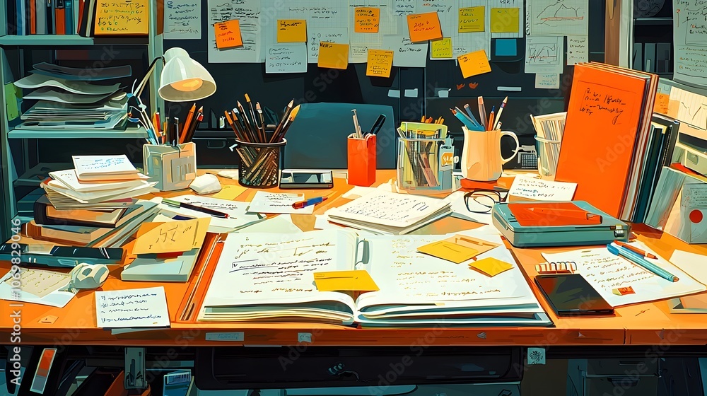 Poster organized workspace with various writing and research tools such as highlighters sticky notes and a 