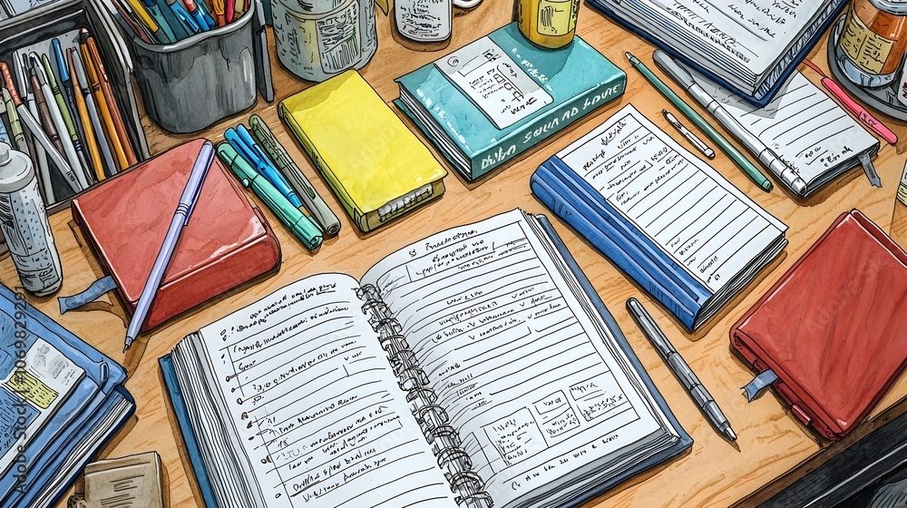 Poster overhead view of an organized desk with various learning materials including textbooks notebooks wri