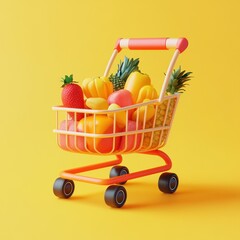 Colorful Fruit Shopping Cart on a Vibrant Yellow Background
