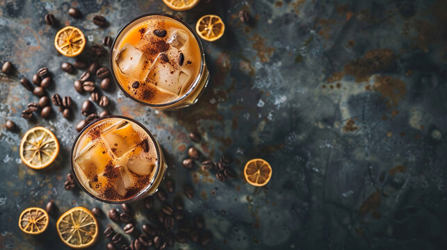Two glasses of Carajillo, espresso coffee cocktail with ice cubes, orange slices and coffee beans on a wooden table, dark blue background with copy space.