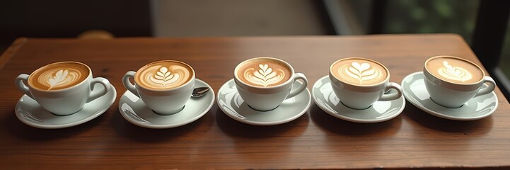 A beautiful display of five expertly crafted cappuccinos, showcasing intricate latte art on a wooden table, perfect for coffee shops, cafes, and food-related content.