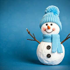 Cheerful Snowman in a Cozy Blue Knitted Hat and Scarf in a Winter Wonderland Scene.