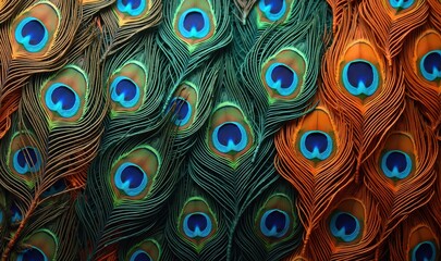 Vibrant peacock feather patterns showcasing rich colors and intricate designs, perfect for fashion, nature, and decorative themes.