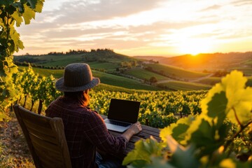 Fototapeta premium Experience workcation bliss while networking as a remote worker in a scenic vineyard landscape