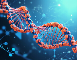 Abstract DNA double helix in futuristic technology style. Science concept. DNA blue background. Genetic and biology vector illustration. Digital gene. Low poly wireframe. Geometric 3D biology concept.