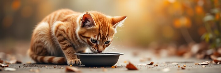 A cute orange kitten enjoying its meal outdoors, surrounded by autumn leaves, showcasing the warmth and joy of pet companionship.