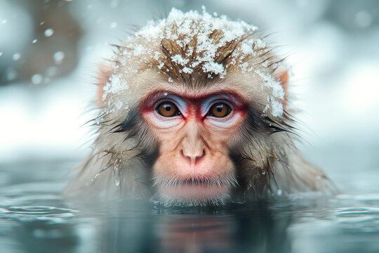 Close-up of a snow monkey&rsquo;s face partially submerged in hot spring with steam rising against snowy background