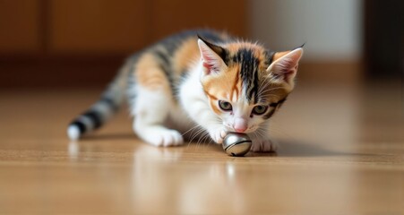 Playful calico kitten exploring a bell
