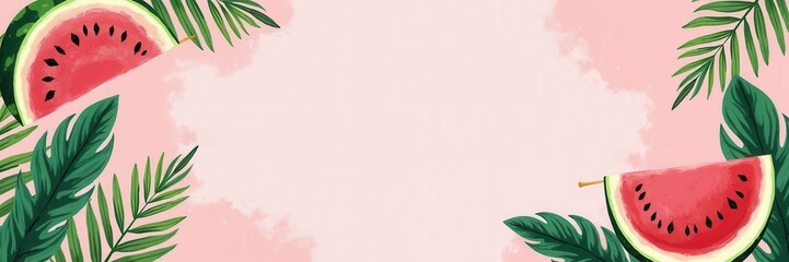 Bright and refreshing summer background featuring watermelon slices and palm leaves. Perfect for food, beverage, and event promotions.