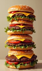 A towering stack of delicious cheeseburgers, showcasing mouthwatering layers of cheese, lettuce, tomato, and sesame seed buns. Perfect for food advertising and promotions.