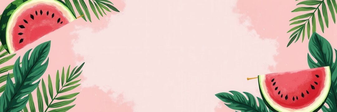 Bright and refreshing summer background featuring watermelon slices and palm leaves. Perfect for food, beverage, and event promotions.