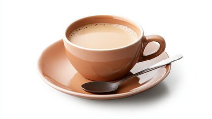 Fototapeta premium Milk coffee on a ceramic plate with a spoon, isolated for a warm and cozy feel