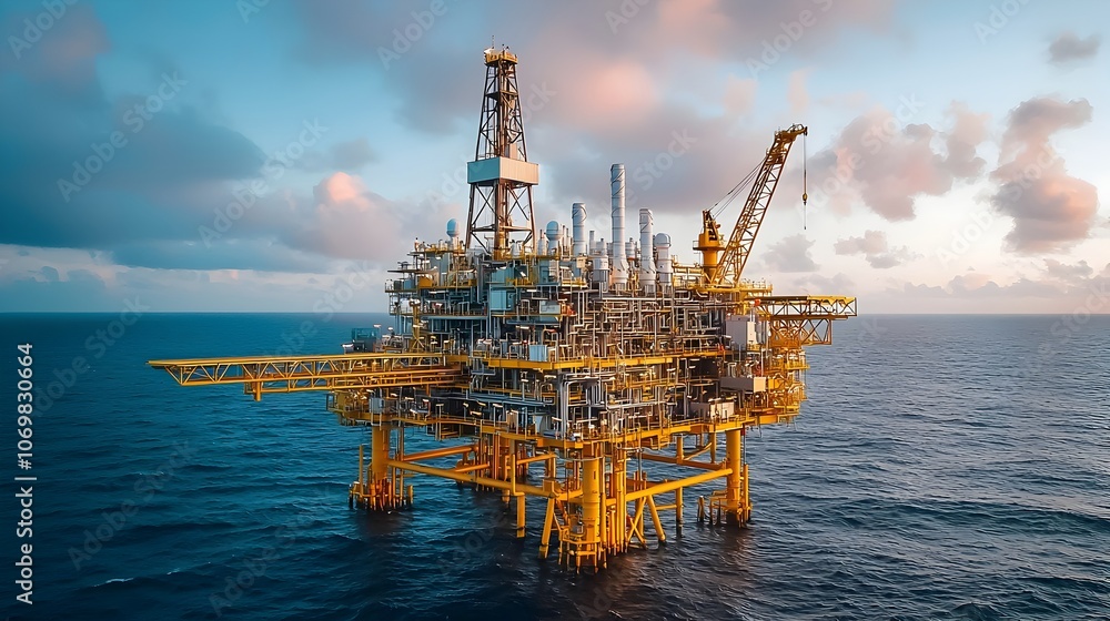 Poster panoramic view of a technologically advanced offshore oil platform showcasing its innovative enginee