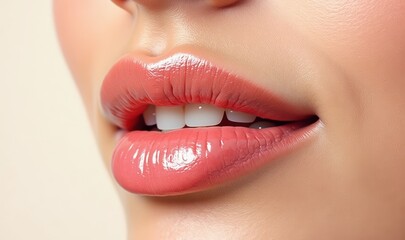 Fototapeta premium Close-up of beautifully groomed lips with a glossy finish, perfect for beauty, cosmetics, or skincare promotions.